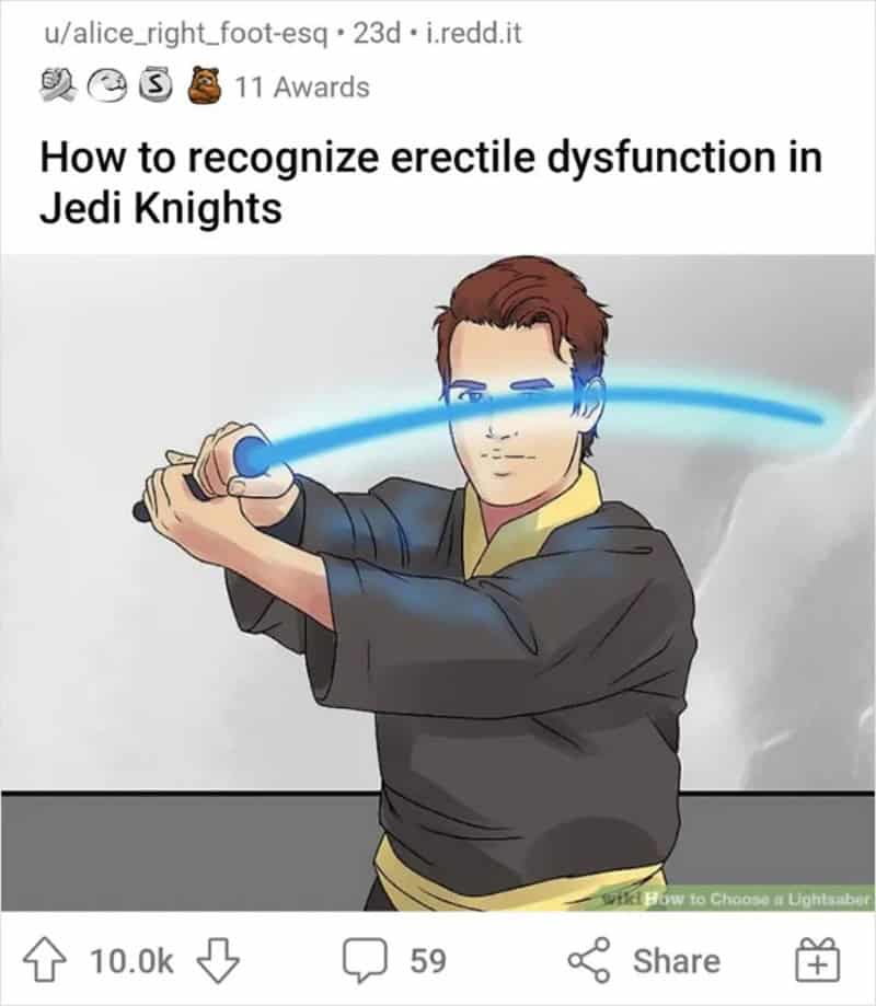 Jedi Knight with blue lightsaber, demonstrating recognition of erectile dysfunction.