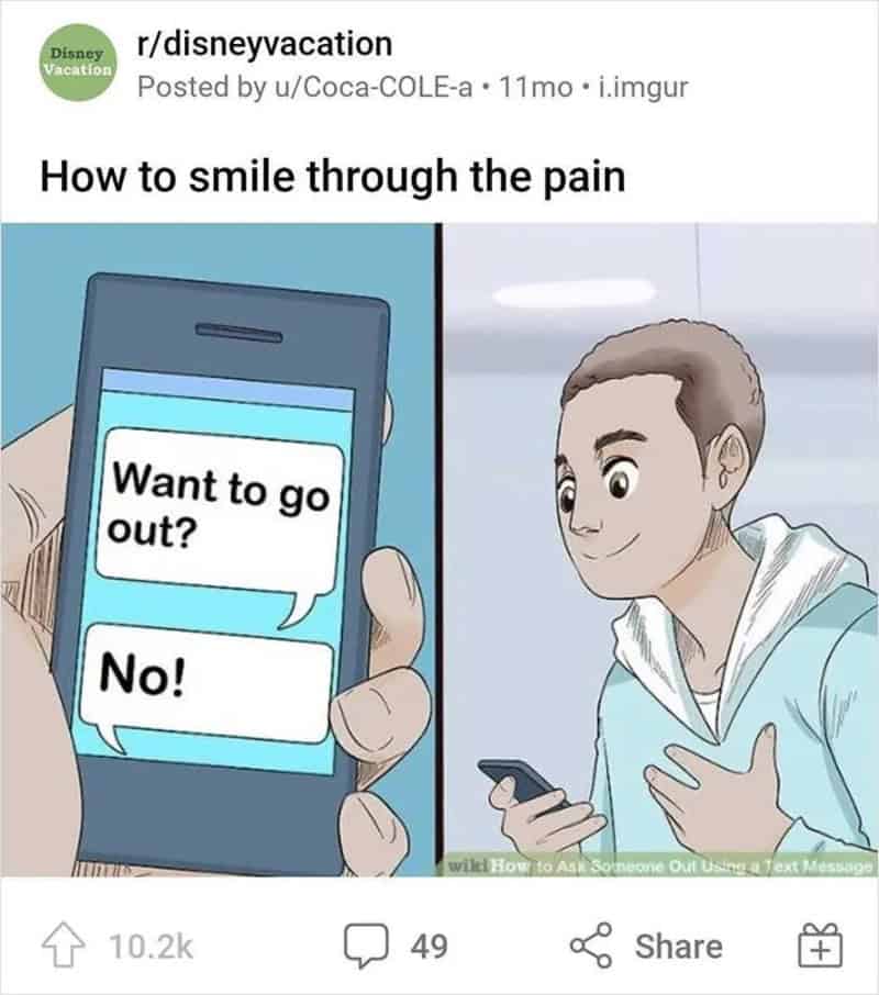 Person smiling at phone with text messages: 'Want to go out?' and 'No!'.