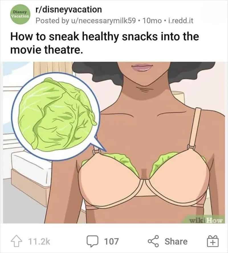 Woman with lettuce in her bra, hiding snacks in her movie theatre outfit.