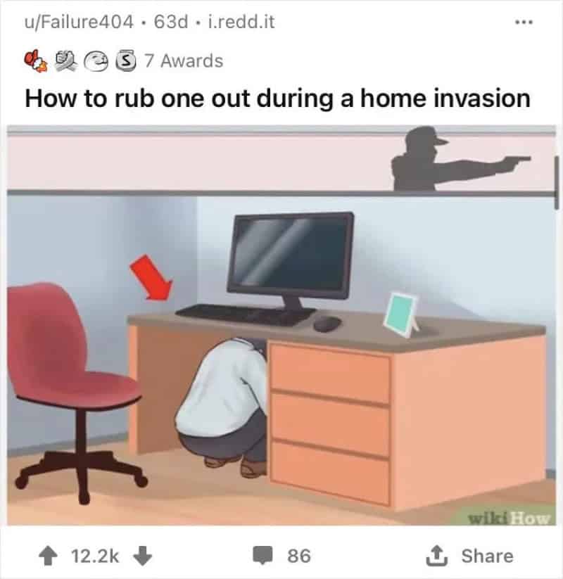 Person hiding under desk during home invasion, with a silhouette of a burglar outside.