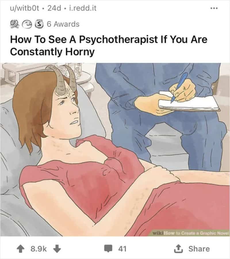 Woman with a horn on her head lying on a couch, talking to a therapist.