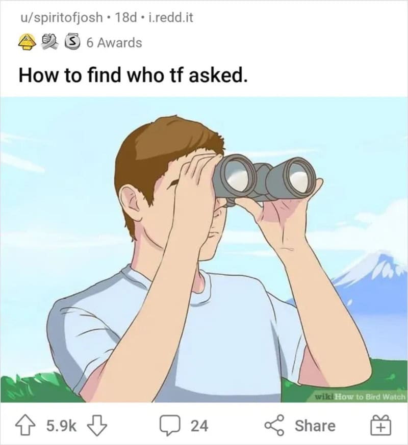 Person looking through binoculars with mountains in the background.