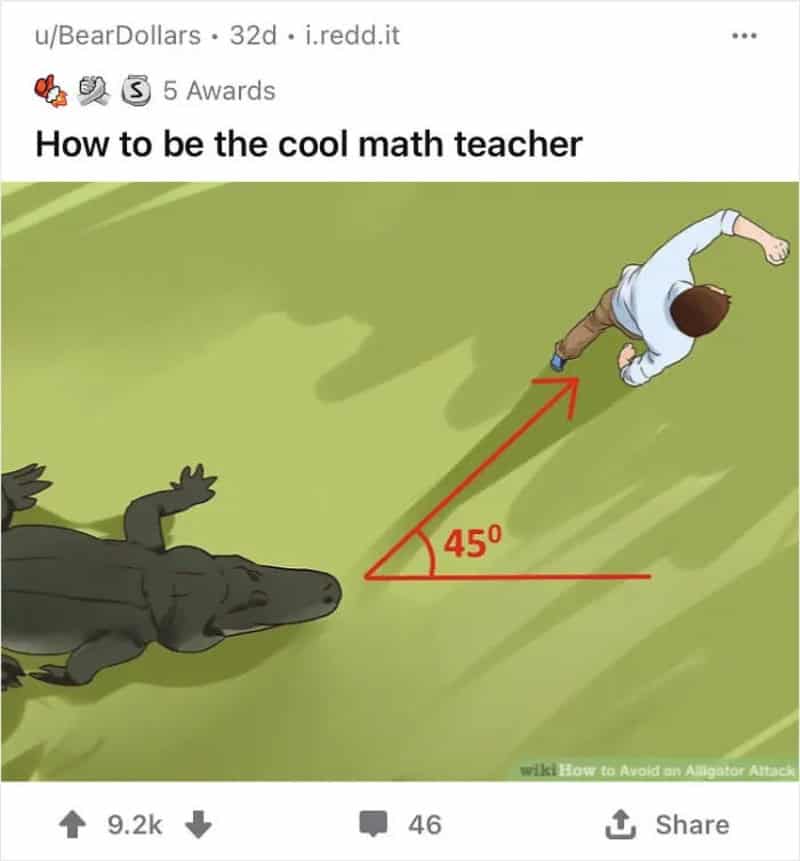 Math teacher with crocodile and 45-degree angle illustration.