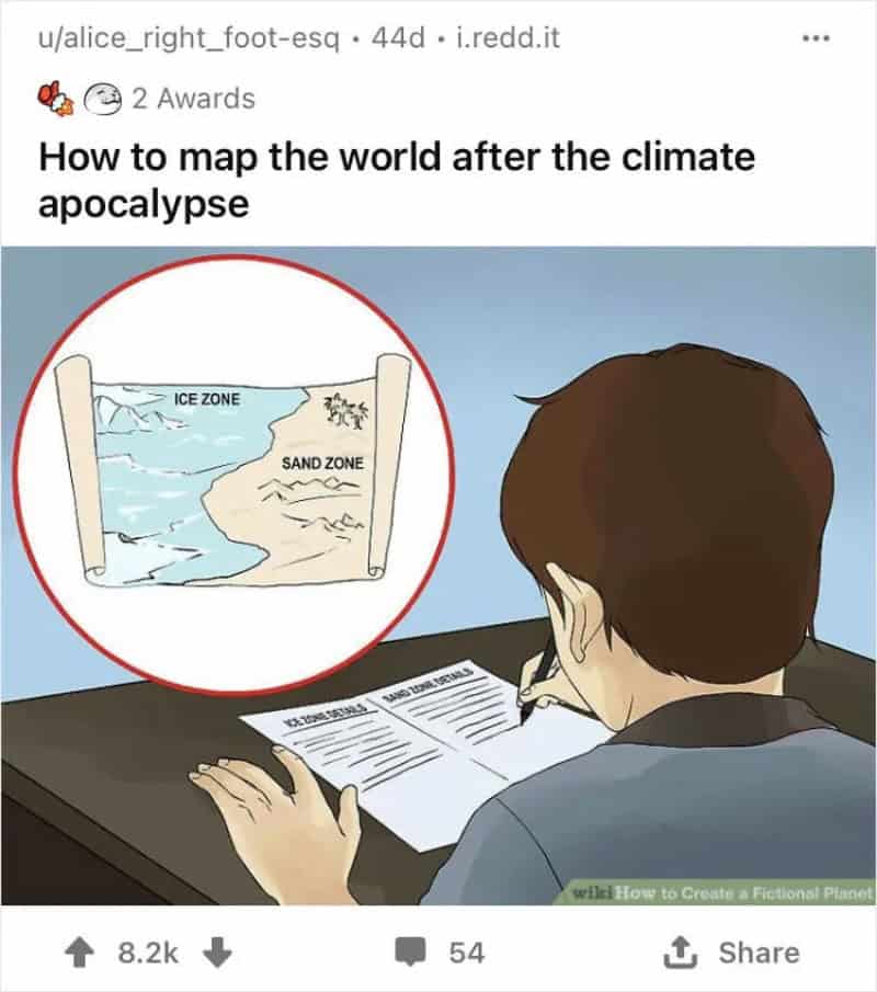 Map showing ice zone and sand zone after climate apocalypse.