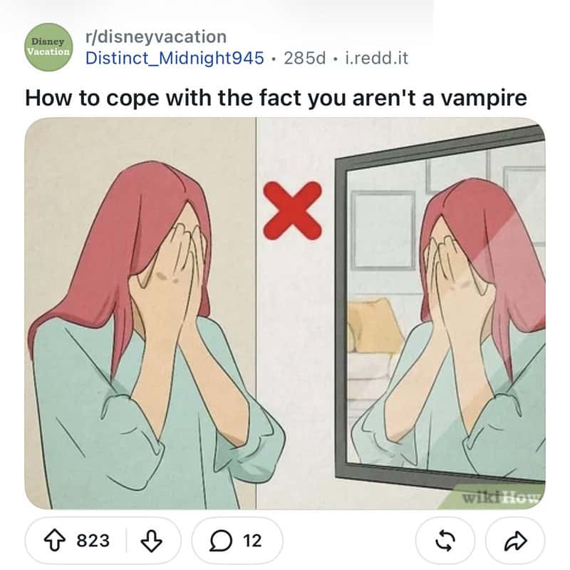 Person covering face with hands, not looking in mirror, with red cross above.