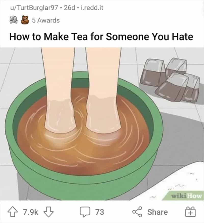Feet soaking in a bowl of tea with ice cubes nearby, under the title 'How to Make Tea for SomeoneYou.
