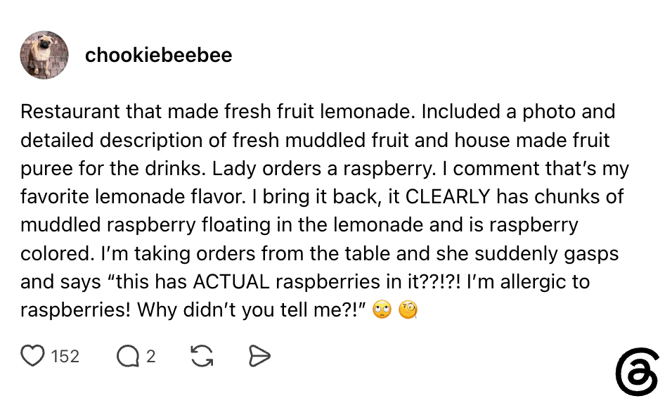 Customer's review of raspberry lemonade with floating muddled raspberries.