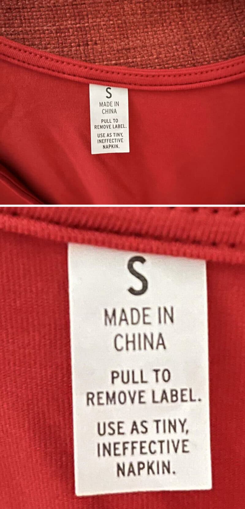 Clothing label indicating size S, made in China, with instructions to remove the label.