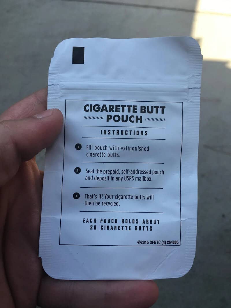 Cigarette butt pouch with instructions and recycling info.