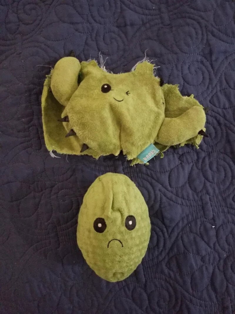 Cute plush crab and potato with faces on a quilted dark blue background.