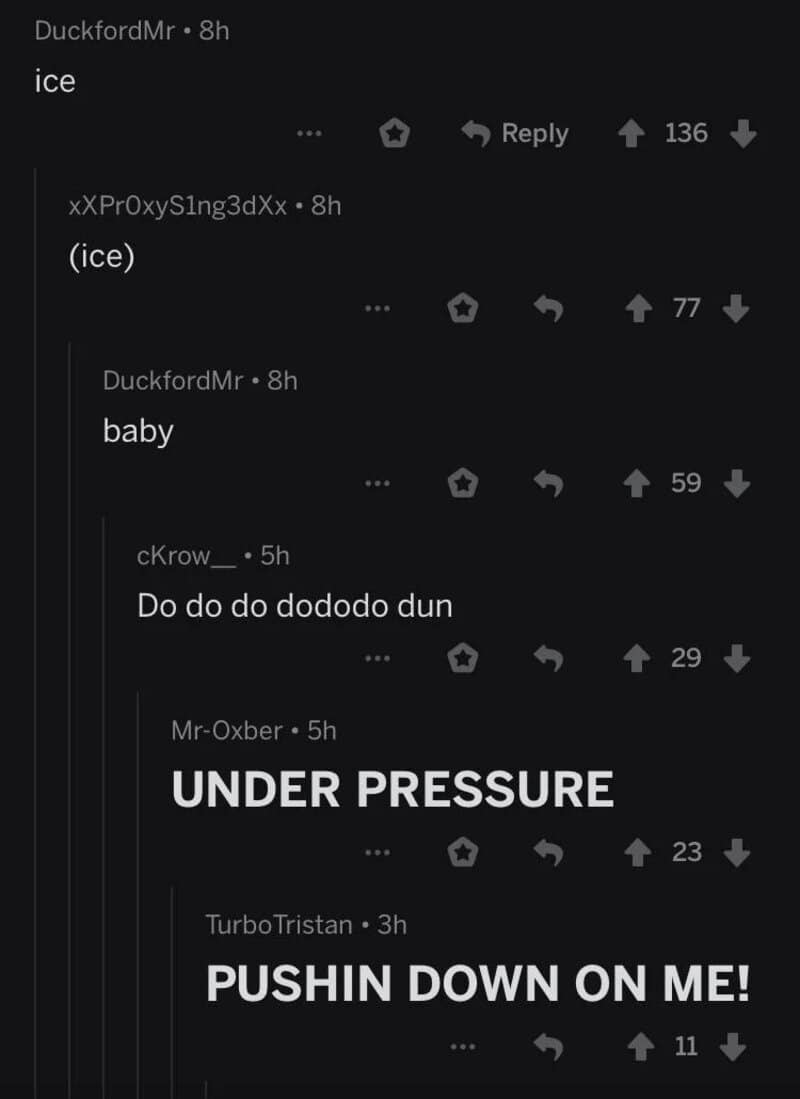 Screenshot of a comment thread with playful messages about ice, baby, and pressure.