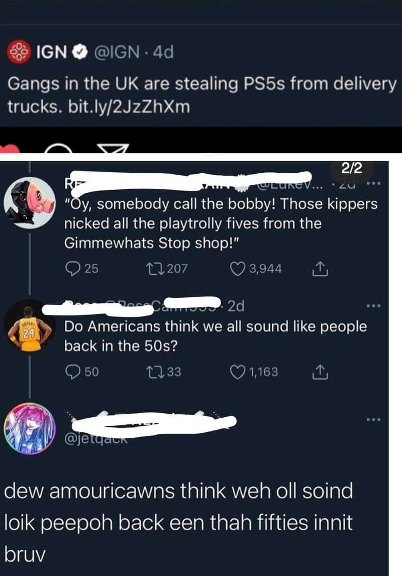 Screenshot of tweets discussing PS5 thefts and opinions on 1950s culture.