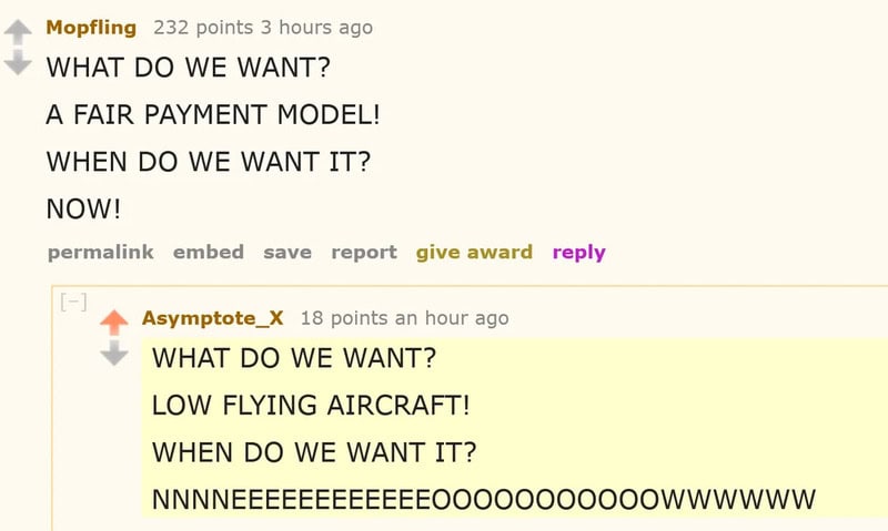 Discussion about wanting a fair payment model and low flying aircraft.