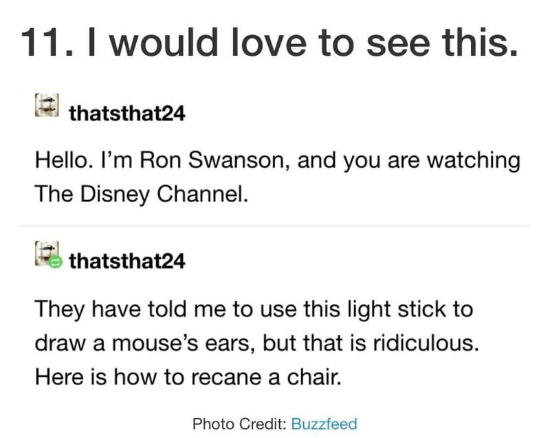 Ron Swanson explains how to recane a chair using a light stick.