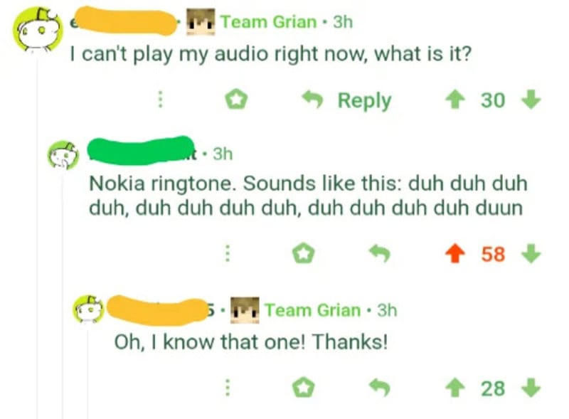 Screenshot of a comment thread discussing Nokia ringtone with humorous responses.