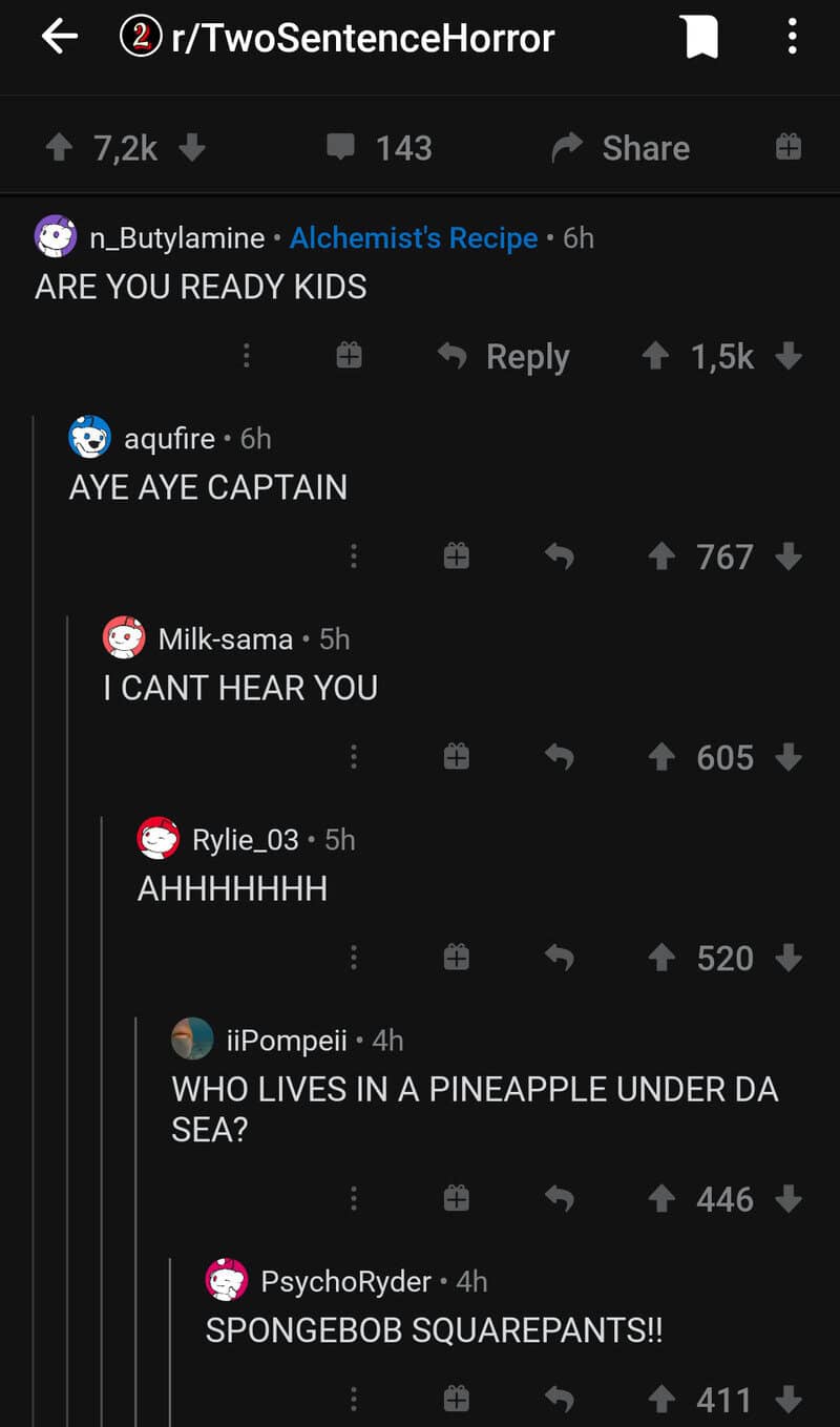 Screenshot of Reddit comments from r/TwoSentenceHorror about a pineapple under the sea.