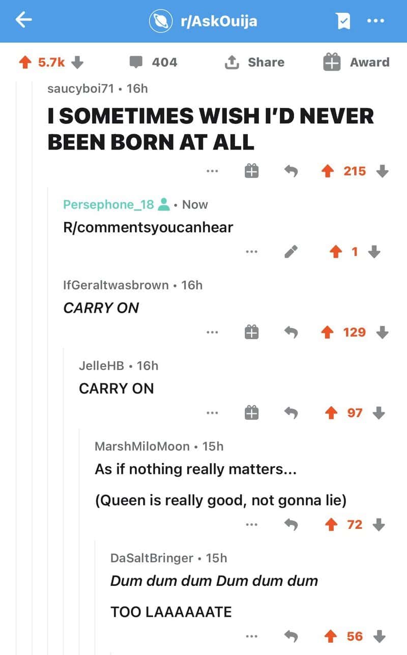 Screenshot of a Reddit comment thread about not being born at all.