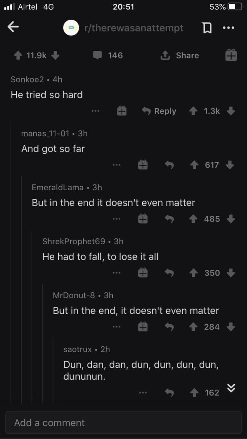Screenshot of a Reddit comment thread with multiple users discussing effort and outcome.