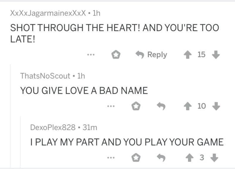 Screenshot of comments with humorous messages about love and playing games.