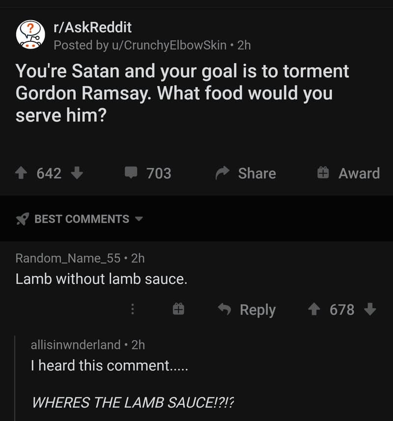 Reddit post asking what food to serve Satan to torment Gordon Ramsay.