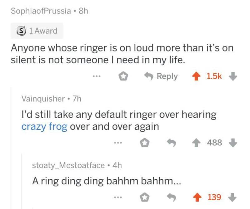 Screenshot of comments about loud ringtones and funny ring sounds.