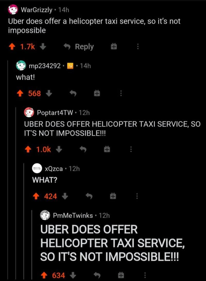 Screenshot of comments discussing Uber offering helicopter taxi service.