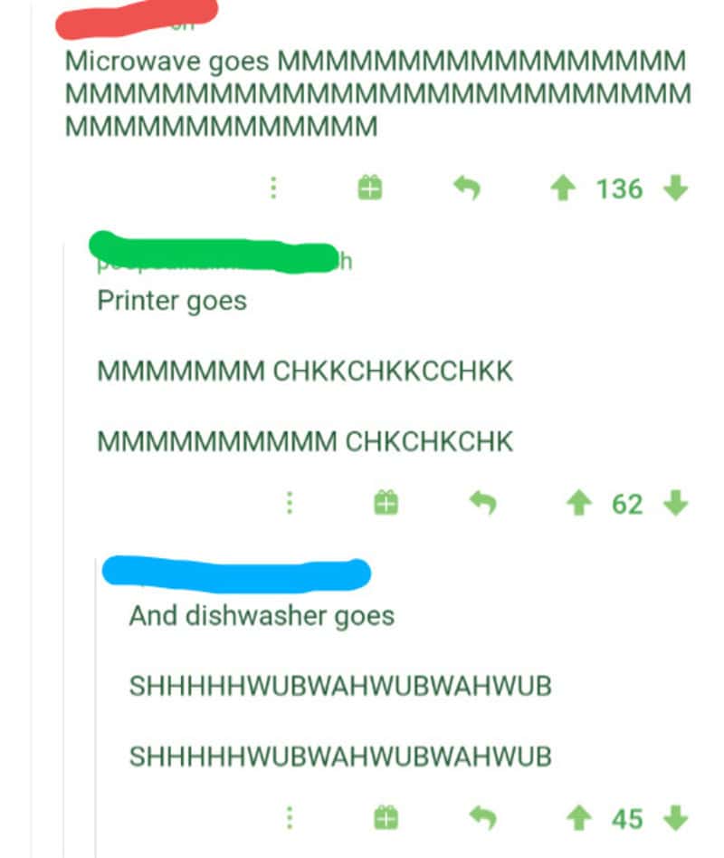 Screenshot of a chat with text about microwave, printer, and dishwasher going MMMMMM and SHHHHHWUBWA.