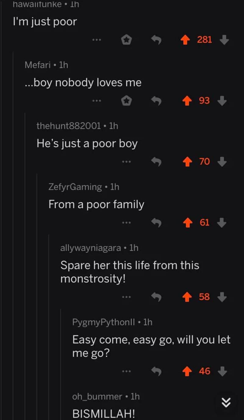 Comments section with various comments about a poor boy and family.