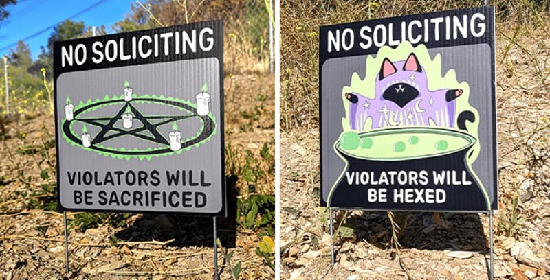 No Soliciting sign with pentagram and text 'VIOLATORS WILL BE SACRIFICED'.