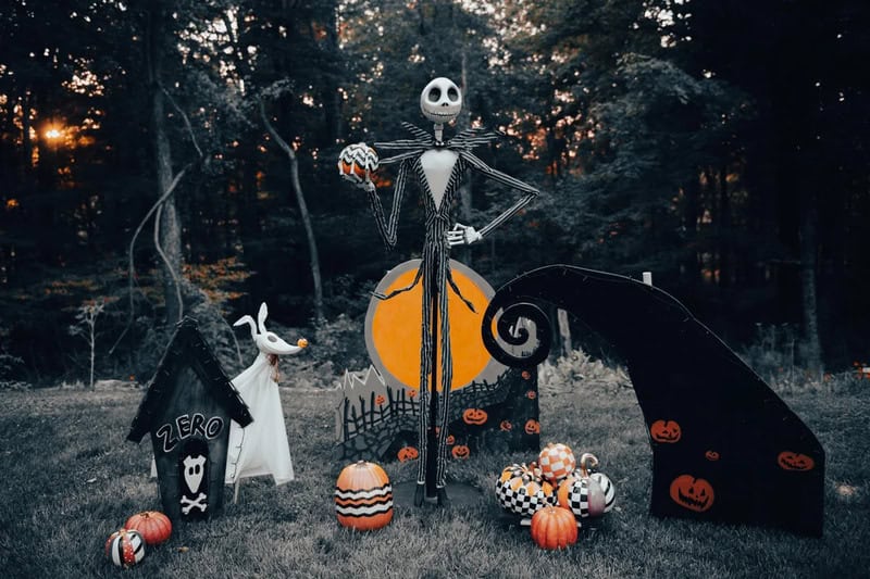 Tim Burton-esque skeleton figure with a tall stance and a pumpkin backdrop in a Halloween yard scene.