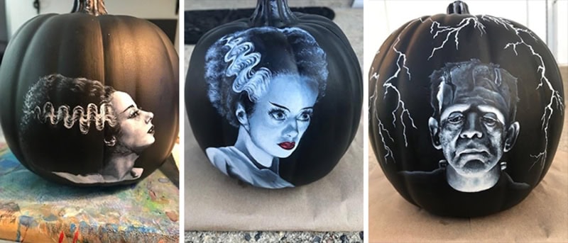 Three black pumpkins with portraits: left shows a woman in profile, middle a woman with blue-toned 3.