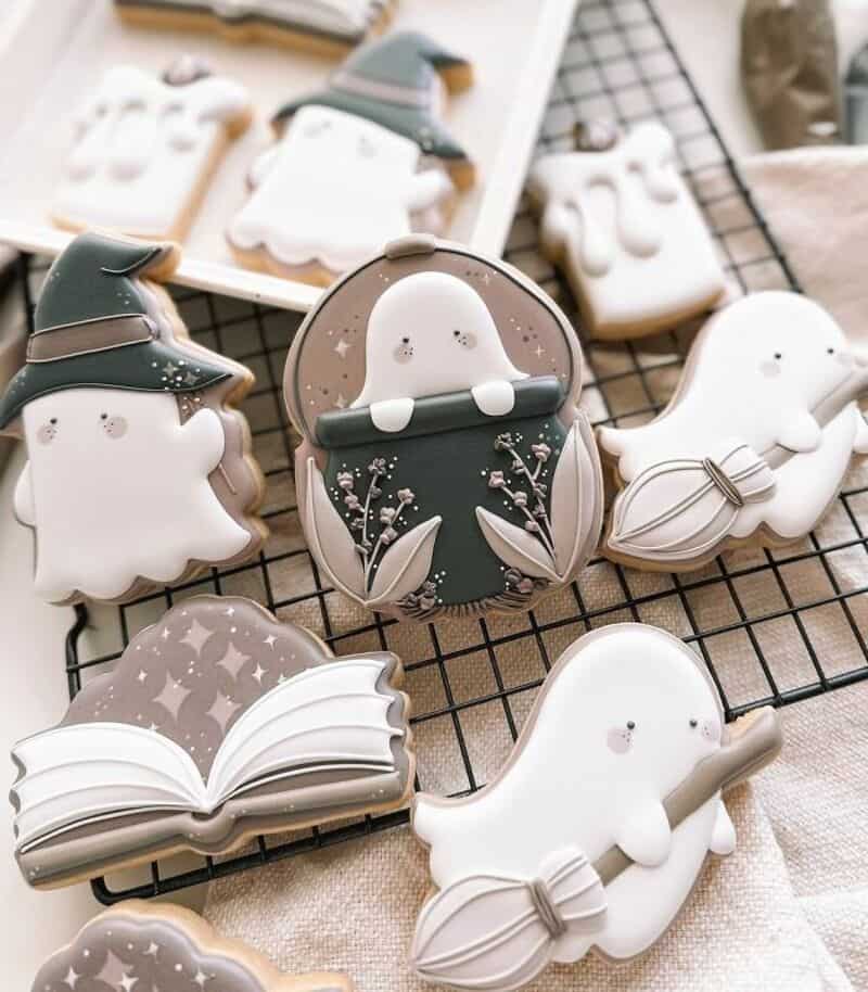 Halloween-themed cookies on a cooling rack: ghost shapes, a witch with hat, a moon angel and an open.