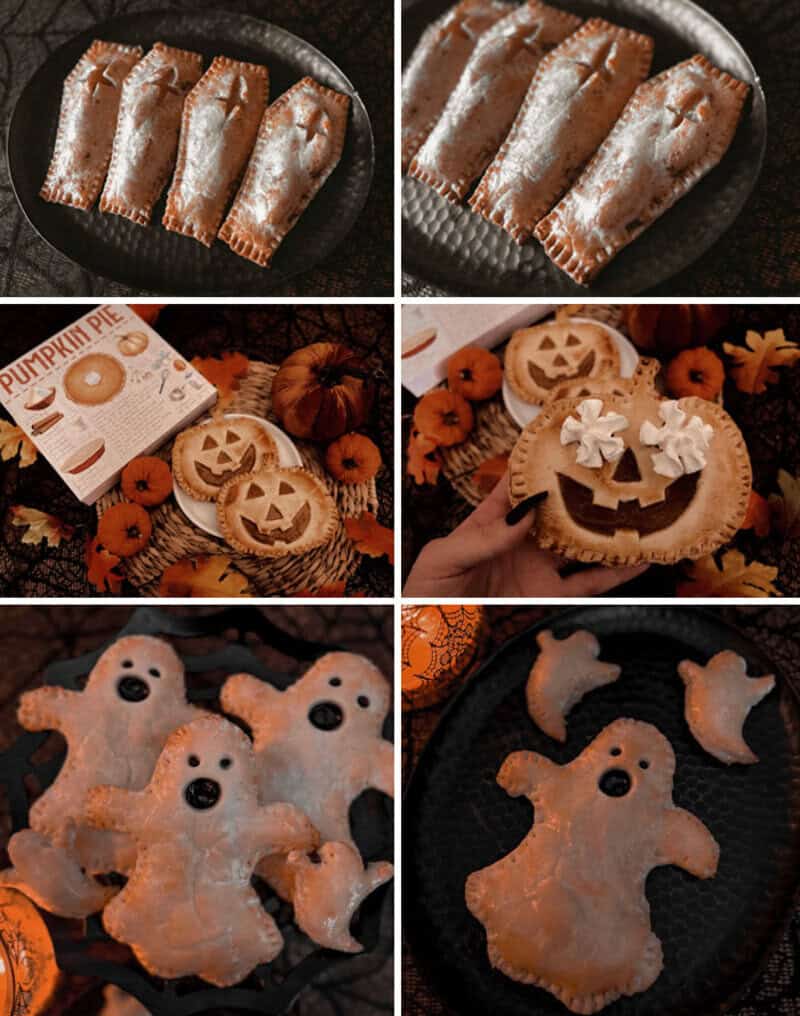 Assorted Halloween pastries and cookies: pumpkin pies, jack-o'-lantern cookies, ghost-shaped cookies.