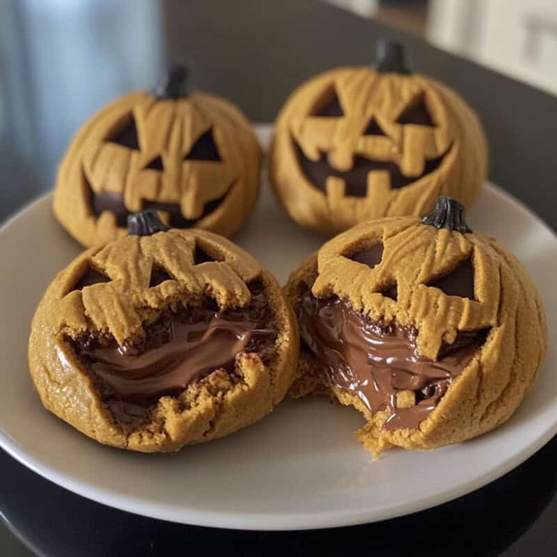Three jack-o'-lantern cookies with chocolate filling, Halloween treat plate.
