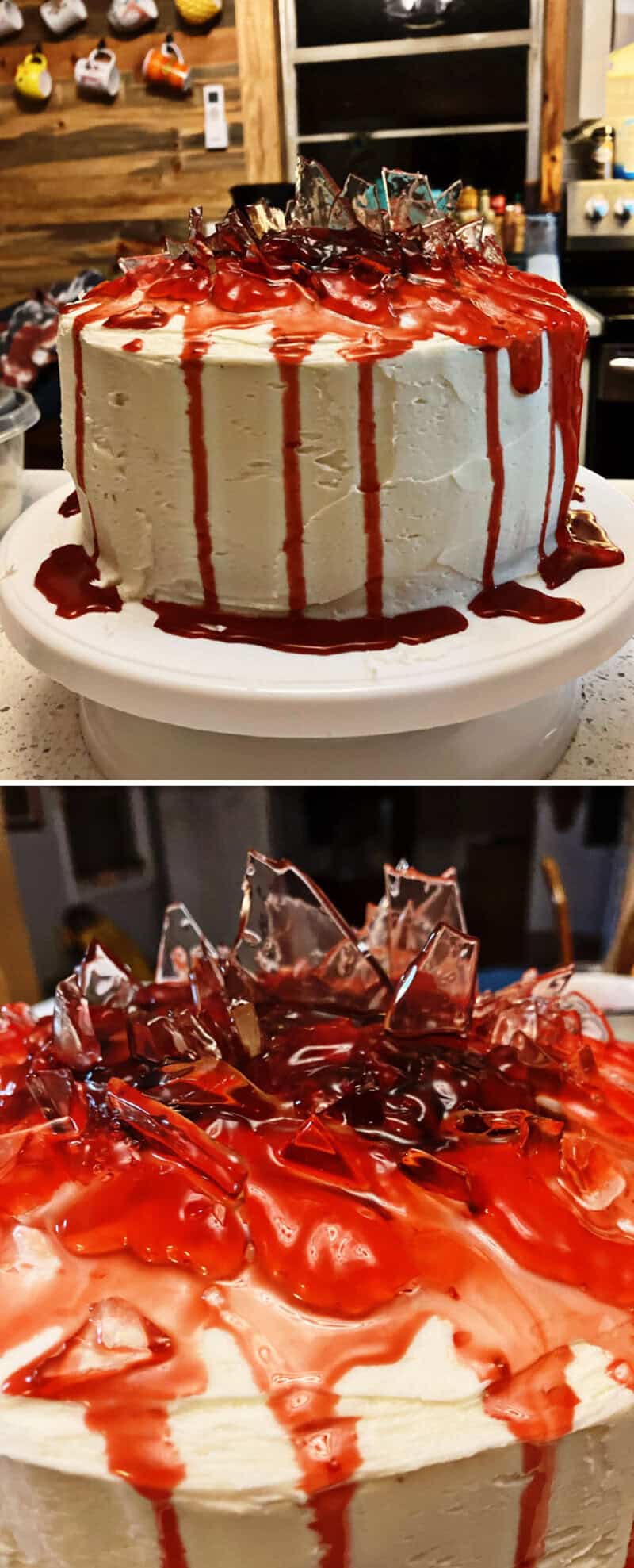 Spooky Halloween cake with red dripping glaze and broken candy glass decoration.