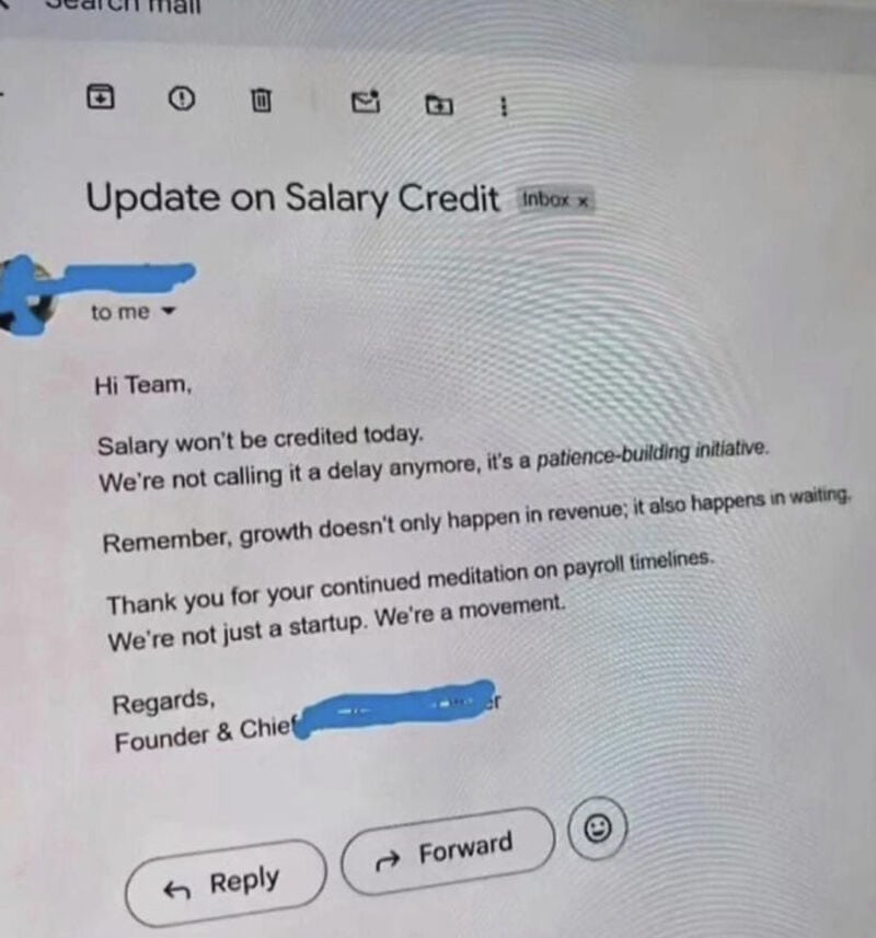Email about salary credit delay with a humorous tone.