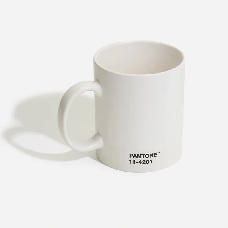 White mug with Pantone 11-4201 color code and shadow on white background.