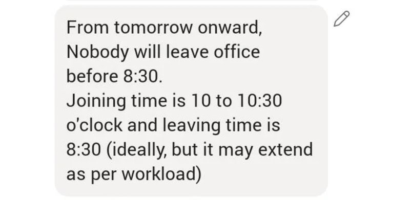 Text message about office hours and joining time, with a typo in 'o'clock'.