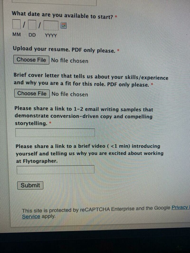Screenshot of a job application form with upload options and a CAPTCHA notice.