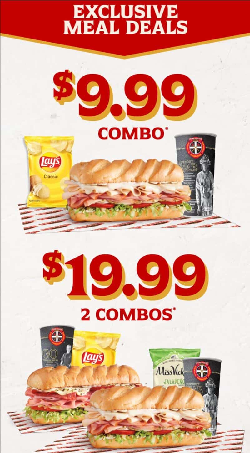 Advertisement for meal deals with sandwiches, chips, and drinks.
