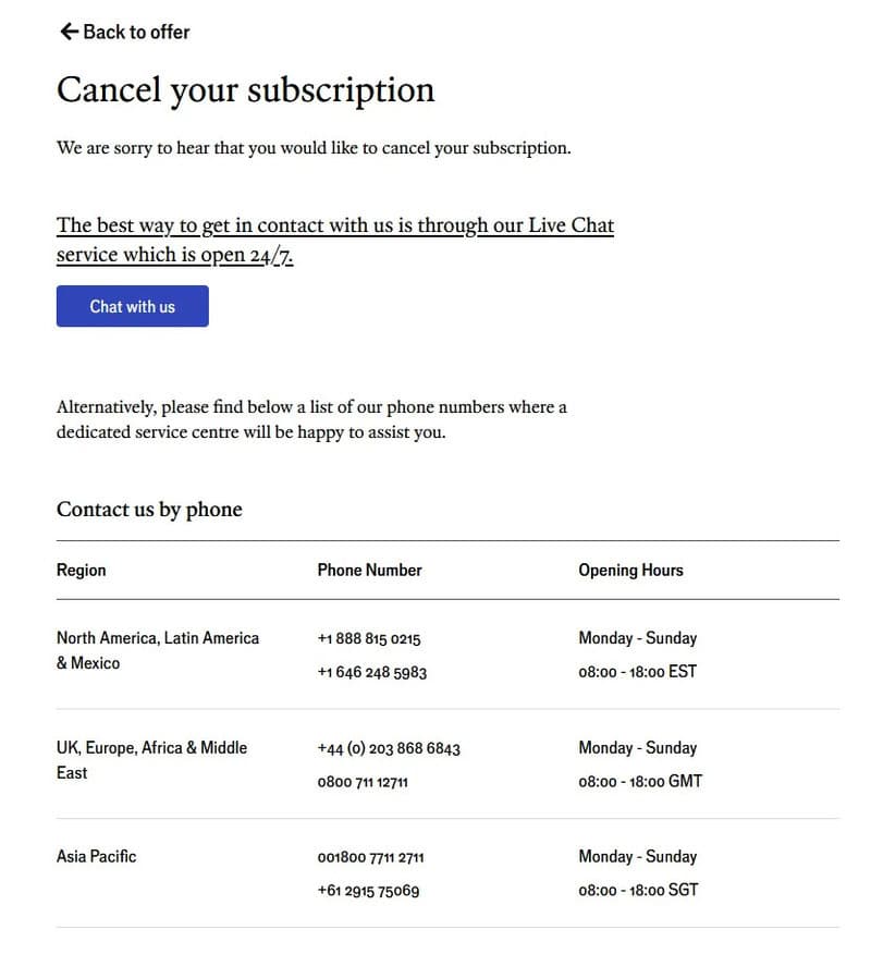 Cancel your subscription page with contact info and live chat link.