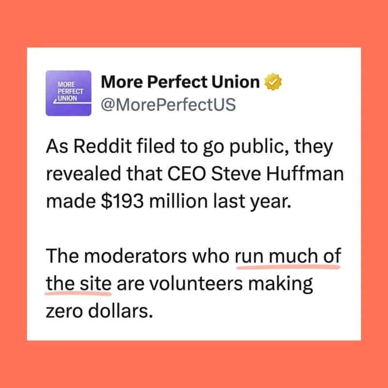 Twitter post about Reddit CEO Steve Huffman making $193 million last year.