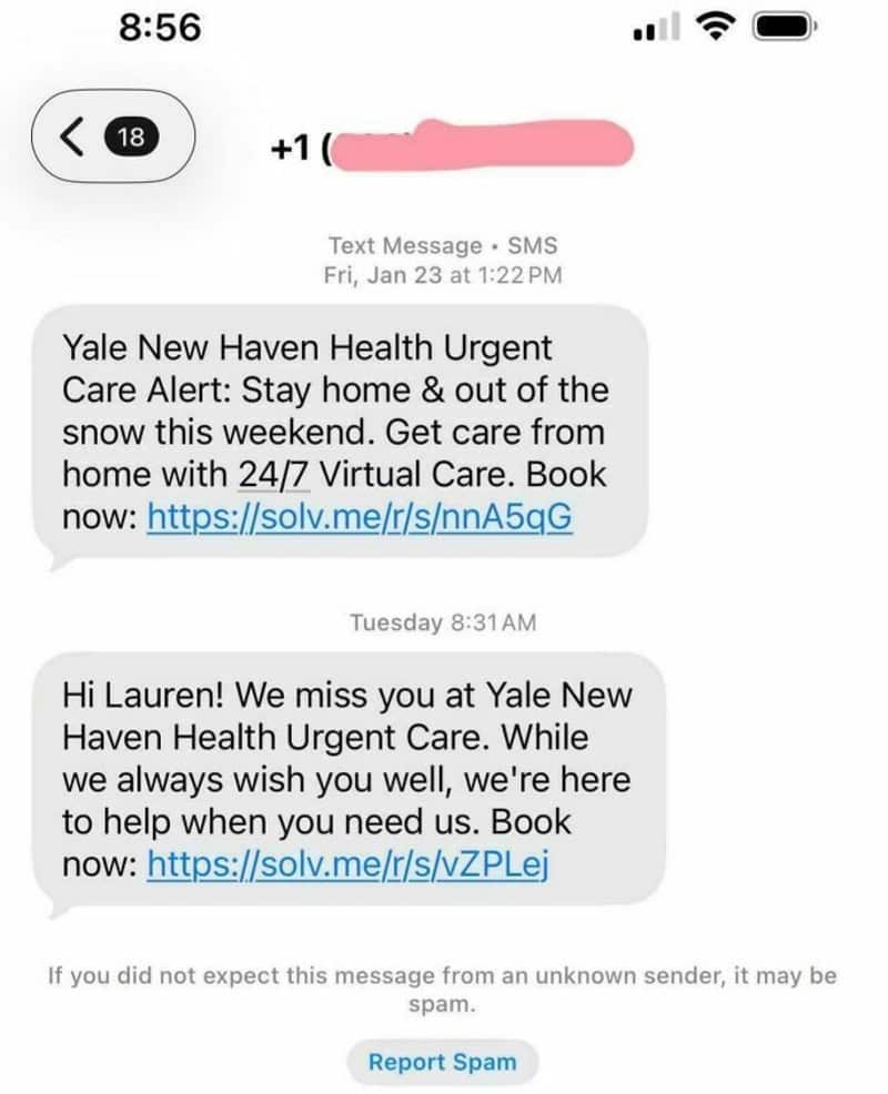 Text message screenshots about Yale New Haven Health Urgent Care and virtual care.