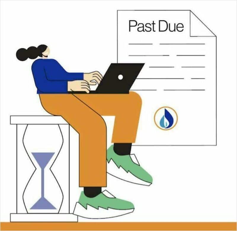 Person sitting on a desk with a laptop, past due notice and a logo behind them.