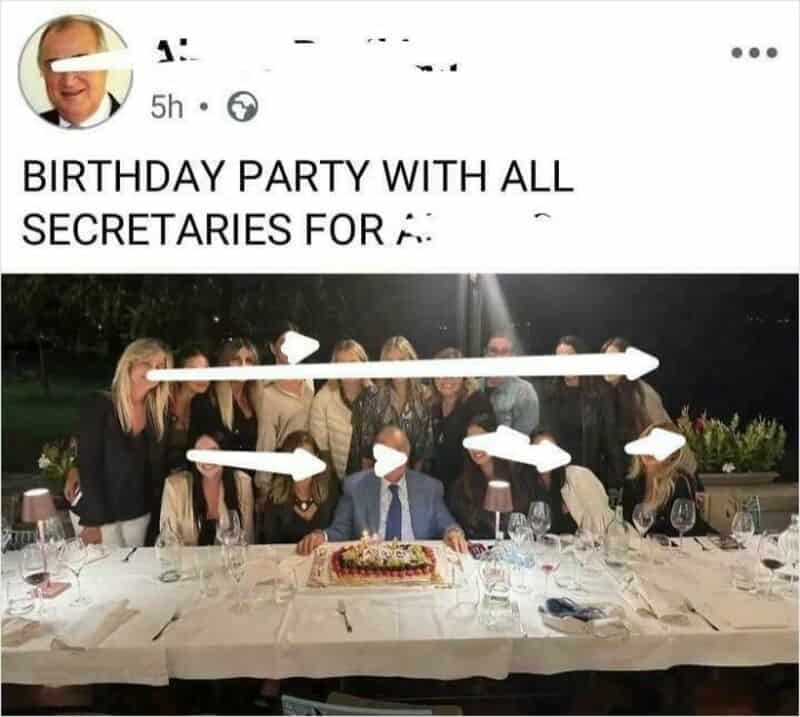 Group photo at birthday party with arrows pointing to secretaries, caption about secretaries.