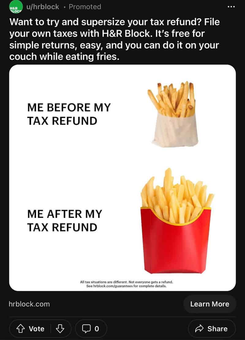 Comparison of fries before and after tax refund, with text and images.