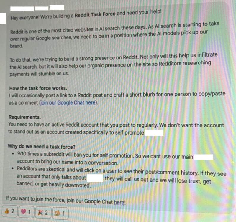 Post about building a Reddit Task Force for self-promotion with instructions and requirements.