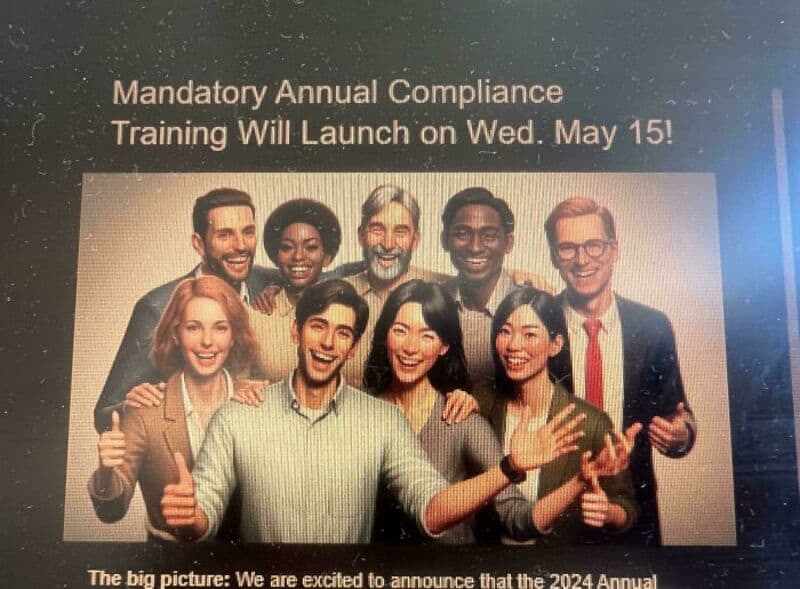 Group of diverse people smiling and giving thumbs up at a corporate event.