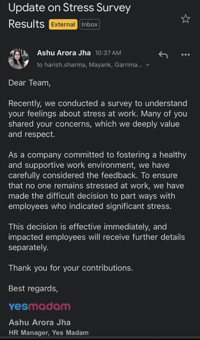 Email about stress survey results from Ashu Arora Jha to team.