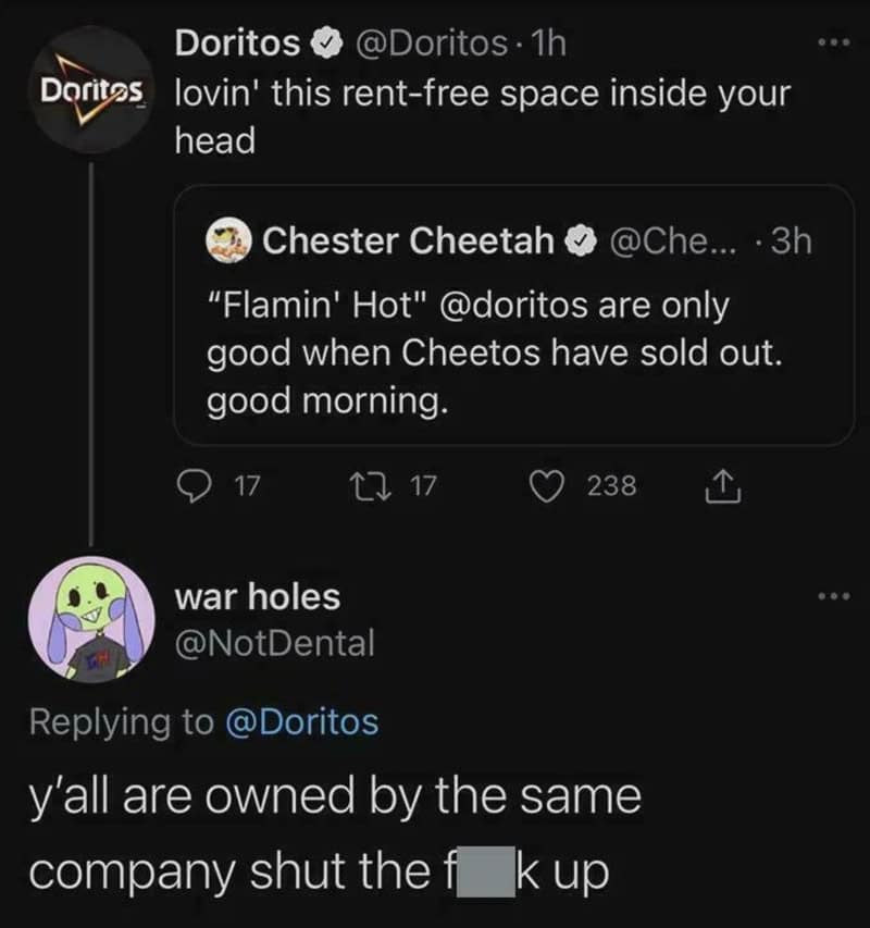 Twitter exchange about Doritos and Cheetos ownership, with a reply about company ownership.
